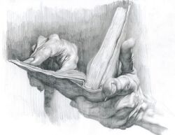  book close-up commentary_request graphite_(medium) greyscale holding holding_book monochrome ntpain2 original reading realistic sketch traditional_media wrinkled_skin 