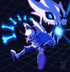  1boy 2020 2d artist_name black_background black_shorts blue_eye blue_jacket bone dated digital_media drawstring fighting_stance gasterblaster glowing glowing_eye grey_hood grid_background highres hollow_eyes hood hood_down hooded_jacket humanoid jacket legs_apart long_sleeves male male_focus male_only midair monster monster_boy open_clothes open_jacket outstretched_arms pink_slippers procreate_(medium) sans_(undertale) shirt shorts single_vertical_stripe skeleton skull slippers socks solo striped_clothes striped_shorts teeth undead undertale utdr_(toby_fox) vertical-striped_clothes vertical-striped_shorts white_shirt white_socks white_stripes yumisden 