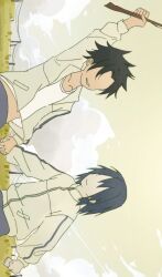  2boys abs_peek aged_down black_hair blue_pants chinese_commentary clouds commentary_request false_memory field grey_jacket guan_chao_(false_memory) guan_chao_(teenager)_(false_memory) hair_between_eyes hair_down handheld_game_console he_mingshuo high_collar highres holding holding_handheld_game_console holding_hands holding_stick jacket male_focus medium_hair multiple_boys no_eyes open_clothes open_jacket pants power_lines school_uniform shirt sky spiky_hair stick suzhongwu track_jacket utility_pole white_shirt zipper zipper_pull_tab 