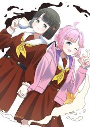  2girls absurdres anyoji_hime aqua_eyes black_hair blunt_bangs blunt_ends bob_cut commentary cup drink_carton flower gradient_hair green_eyes hair_flower hair_ornament hasu_no_sora_school_uniform highres holding holding_cup holding_drink_carton holding_hands jacket long_sleeves love_live! love_live!_hasu_no_sora_jogakuin_school_idol_club momose_ginko multi-tied_hair multicolored_hair multiple_girls okomero one_eye_closed pink_hair pink_jacket ponytail sailor_collar school_uniform sidelocks simple_background smile splashing teacup 