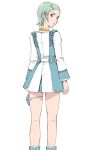  aqua_hair blue_eyes blue_hair boots buttons choker dress eureka eureka_7 eureka_seven eureka_seven_(series) from_behind green_hair hair_ornament hairclip jewelry kneepits legs looking_at_viewer looking_back necklace pouch short_dress short_hair simple_background solo standing thigh_strap violet_eyes 