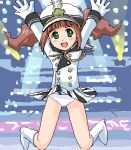 \o/ arms_up band_uniform brown_hair green_eyes idolmaster jumping lowres oekaki outstretched_arms solo takatsuki_yayoi twintails 