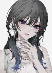  1girl asymmetrical_clothes barbell_piercing bare_shoulders black_hair black_nails blue_eyes blue_hair blue_nails chain chain_earrings chain_necklace choker commentary corset_piercing ear_piercing earrings finger_to_own_chin fingernails gradient_hair hair_between_eyes hand_up highres industrial_piercing jewelry lips long_fingernails long_hair looking_at_viewer multicolored_hair multicolored_nails multiple_earrings multiple_necklaces multiple_piercings multiple_rings necklace original parted_lips pearl_choker pearl_earrings piercing ribbon ribbon_earrings ring saijou_yurika signature simple_background solo teeth untranslatable_commentary upper_body watermark white_background white_choker white_ribbon 