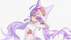  1girl absurdres ahoge animal_ears arm_up bare_shoulders beret blue_eyes carbonara_(user_jstu7878) commentary cone_hair_bun double_bun english_commentary food food_print fox_ears fox_girl fox_tail fruit fruit_print green_scrunchie grin hair_bun hair_ears hair_intakes hair_ornament hair_rings hair_scrunchie hat heterochromia highres holding holding_food holding_fruit long_hair looking_at_viewer low_twintails multicolored_hair purple_hair purple_tail red_hat red_scrunchie scrunchie shirt simple_background smile solo stellive strawberry strawberry_print streaked_hair tail tank_top tenko_shibuki tied_shirt twintails two-tone_tail upper_body very_long_hair white_background white_streaks white_tail white_tank_top yellow_eyes 