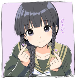  1girl alternate_hairstyle black_eyes black_hair blunt_bangs commentary_request double_finger_heart finger_heart green_sailor_collar green_serafuku hair_over_shoulder kantai_collection kitakami_(kancolle) kitakami_(sasebo_2026)_(kancolle) long_sleeves looking_at_viewer mochisaka_mitsuki neckerchief purple_background sailor_collar school_uniform serafuku smile solo twintails upper_body white_neckerchief 