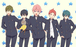  5boys black_hair black_jacket black_pants brown_hair closed_mouth commentary_request cowboy_shot free! gakuran hands_on_own_hips high_speed! iwatobi-chan jacket kirishima_ikuya long_sleeves male_focus mo_(nmnme) multiple_boys nanase_haruka_(free!) open_mouth pants pink_hair red_hair school_uniform shigino_kisumi shiina_asahi shirt short_hair smile star_(symbol) star_symbol_background sweatdrop tachibana_makoto white_shirt 