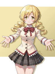 1girl artist_name black_skirt blonde_hair bow bowtie commentary_request drill_hair drop_shadow highres juliet_sleeves long_hair long_sleeves looking_at_viewer mahou_shoujo_madoka_magica mahou_shoujo_madoka_magica:_walpurgis_no_kaiten mitakihara_school_uniform puffy_sleeves purigetsu reaching reaching_towards_viewer red_bow red_bowtie school_uniform skirt smile solo tomoe_mami twin_drills yellow_background yellow_eyes