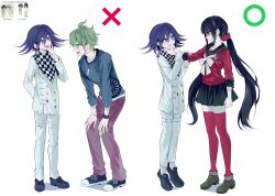  1girl 2boys absurdres amami_rantaro black_hair checkered_clothes checkered_scarf danganronpa_(series) danganronpa_v3:_killing_harmony green_hair hair_ornament hair_scrunchie harukawa_maki highres how_to_talk_to_short_people_(meme) lifting_person llie_137 long_hair low_twintails meme miniskirt multiple_boys oma_kokichi partial_squatting purple_hair red_scrunchie red_shirt red_thighhighs reference_inset scarf scrunchie shirt short_hair skirt strangling striped_clothes striped_shirt thigh-highs twintails very_long_hair violet_eyes 