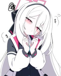  1girl black_hairband blue_archive blue_necktie blush bright_pupils double-parted_bangs fukunao hair_between_eyes hairband half_updo halo highres jacket kei_(blue_archive) kei_(student)_(blue_archive) long_hair long_hair_between_eyes long_sleeves looking_at_viewer loosely_tucked_bangs multicolored_jacket necktie pink_eyes pink_halo rectangular_halo ringed_eyes shirt simple_background solo squiggle two-tone_jacket white_background white_hair white_jacket white_pupils white_shirt 