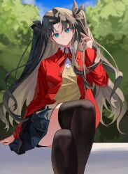  1girl absurdres black_skirt black_thighhighs blue_eyes bow bowtie brown_hair brown_sweater collared_shirt commentary crossed_legs fate/stay_night fate_(series) fenglansishui highres jacket light_frown long_sleeves multicolored_bow multicolored_bowtie parted_bangs playing_with_own_hair red_bow red_bowtie red_jacket shirt sitting skirt solo sweater thigh-highs thighs tohsaka_rin tree twintails white_shirt yellow_bow yellow_bowtie 