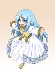  1girl blue_eyes blue_hair commentary_request dress forehead_jewel full_body long_hair looking_to_the_side open_mouth outstretched_arms pantyhose pointy_ears rance_(series) rance_quest reset_kalar smile solo spread_arms ta_ki white_dress white_pantyhose 