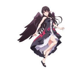  1girl :d anime_coloring artist_request bandaged_arm bandages bare_shoulders black_dress black_shoes black_wings breasts collarbone dress eve_(kaiyari) feathered_wings from_below from_side full_body fur-trimmed_dress fur_trim highres jewelry kaifuku_jutsushi_no_yarinaoshi_~sokushi_mahou_to_skill_copy_no_chouetsu_heal~ layered_dress long_hair long_pointy_ears looking_at_viewer medium_breasts necklace official_art open_mouth pointy_ears red_eyes second-party_source shiny_skin shoes simple_background sleeveless sleeveless_dress smile solo standing standing_on_one_leg strapless strapless_dress tachi-e transparent_background very_long_hair white_dress wings 