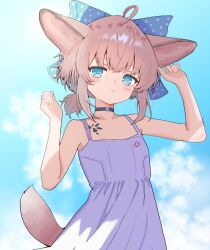  1girl ahoge alternate_costume animal_ears arknights black_choker blue_bow blue_eyes blue_sky bow choker collarbone commentary_request day dot_nose dress expressionless fox_ears fox_girl fox_tail hair_bow large_bow looking_at_viewer material_growth oripathy_lesion_(arknights) outdoors purple_dress sky solo spaghetti_strap sundress sussurro_(arknights) tail tesura_(teslamk2) 