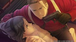  1boy 1girl amamine_mika boy_on_top desperadrops dress dutch_angle earrings facial_hair frilled_dress frills game_asset gib_baltzer gun hairband holding holding_gun holding_weapon jewelry kozaki_yuusuke looking_at_another loose_hair_strand lying lying_on_person official_art on_back on_floor red_shirt scared shirt soul_patch stud_earrings surprised suspenders third-party_source threat undercut visual_novel_cg weapon 