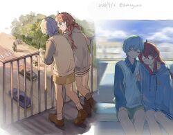  2girls 3boys 3girls bang_dream! bang_dream!_yumemita blue_hair blue_hoodie chinese_commentary closed_eyes closed_mouth commentary_request dated dog earphones glasses highres hood hoodie leaning_on_person leash long_hair long_sleeves minetsuki_ritsu minetsuki_ritsu_(real) multiple_boys multiple_girls parted_lips pet_walking railing red_hair sengoku_yuno sengoku_yuno_(real) shared_earphones sitting sleeping sleeping_upright smile yuri yuull0716 