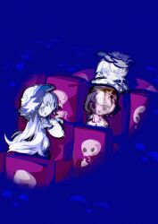  2girls absurdres amedrama beret black_hat blue_background colored_eyelashes commentary dress flower hair_flower hair_ornament hat hat_flower hat_ribbon highres long_hair looking_at_viewer mahou_shoujo_no_majo_saiban movie_theater multiple_girls open_mouth ribbon sakuraba_ema short_hair sitting skeleton smile spoilers tsukishiro_yuki white_dress white_eyelashes white_eyes white_flower white_hair white_hat 