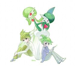  arm_blade artist_name bob_cut colored_skin dress dual_persona gallade gardevoir green_hair green_pants green_skin hair_over_one_eye highres multicolored_skin pants pokemon pokemon_(creature) pokemon_omega_ruby_and_alpha_sapphire pokemon_ruby/sapphire/emerald red_eyes simple_background sitting sok_(mr14_c) two-tone_skin wally_(pokemon) weapon white_background white_dress white_skin 