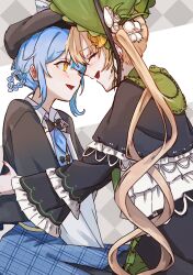  2girls artist_request ayumuyu21 black_bow black_bowtie black_capelet black_hat blonde_hair blue_hair blue_necktie blue_skirt bonnet bow bowtie braid braided_hair_rings capelet check_artist closed_eyes collared_shirt commentary contrast_collar deerstalker dress earrings flower frilled_dress frilled_sleeves frills green_bonnet grey_vest hair_bow hair_flower hair_ornament hair_rings hat hat_bow highres jewelry layered_dress layered_sleeves lolita_fashion long_hair long_sleeves mahou_shoujo_no_majo_saiban multiple_girls necktie open_mouth plaid_clothes plaid_skirt shirt short_hair skirt smile tachibana_sherry tono_hanna twintails two-tone_dress unmoving_pattern untranslatable_commentary vest white_shirt wide_sleeves yellow_eyes yuri 