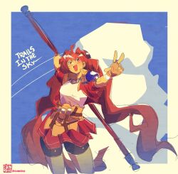  1990s_(style) :d ahoge armor artist_logo artist_name bike_shorts bike_shorts_under_skirt black_bike_shorts black_shorts blue_sky bo_staff border brown_gloves can3ko clouds copyright_name cropped_jacket eiyuu_densetsu english_commentary estelle_bright fingerless_gloves floating_hair gloves hair_intakes high_collar highres holding holding_behind_back holding_staff holding_weapon holding_weapon_behind_back jacket logo long_hair open_clothes open_jacket open_mouth orange_hair outside_border pauldrons red_eyes red_jacket red_skirt retro_artstyle shirt shirt_tucked_in short_sleeves shorts shorts_under_skirt shoulder_armor single_pauldron skirt sky smile sora_no_kiseki staff twintails twitter_username upper_body v very_long_hair weapon white_border white_shirt 