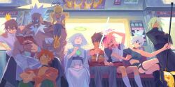  4girls 5boys arrow_(symbol) asymmetrical_sleeves bai_zhong_(false_memory) biohazard_symbol bufu_(false_memory) collar commentary_request cross-shaped_pupils crossed_arms crossed_legs crosshair crosshair_halo crown crux_star drinking false_memory fang_tang_(false_memory) guan_chao_(false_memory) halo hammer hand_on_another's_shoulder high-visibility_clothing high-visibility_vest highres holding holding_stick holding_weapon hui_huo_(false_memory) kneehighs leg_warmers lingbo23333 multiple_boys multiple_girls nail_polish official_art on_floor pants protagonist_halo qian_jun_(false_memory) ran_deng_(false_memory) reading recycling_symbol shirt sitting size_difference skirt socks spiked_collar spikes star_halo stick symbol-shaped_pupils train_interior weapon window 