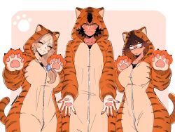  3girls absurdres animal_costume animal_ears animal_hands animal_hood animal_print black_hair border brown_hair claw_pose closed_eyes cowboy_shot glasses gloves height_difference highres hood kigurumi moriiartzz multicolored_hair multiple_girls onesie orange_hair original paw_gloves semi-rimless_eyewear simple_background tail tiger_costume tiger_ears tiger_hood tiger_paws tiger_print tiger_stripes tiger_tail two-tone_hair white_border yellow_eyes 
