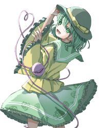  1girl bow buttons collared_shirt commentary_request diamond_button disembodied_linked_eye eyeball floral_print frilled_shirt_collar frilled_skirt frilled_sleeves frills green_eyes green_hair green_hat green_skirt hasukappu hat hat_bow heart heart_of_string komeiji_koishi long_sleeves looking_at_viewer open_mouth print_skirt rose_print shirt simple_background skirt smile solo touhou white_background wide_sleeves yellow_bow yellow_shirt 