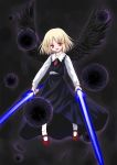  black_wings blonde_hair darkness energy_sword ex-rumia ex_rumia feathers highres necktie red_eyes rumia short_hair solo sword touhou weapon wings 