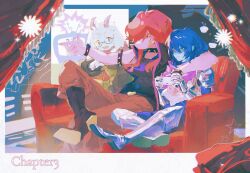  1boy 1girl 1other absurdres androgynous animal_ears arm_around_another's_back armlet armor blue_hair blue_skin bodysuit bracelet cape colored_skin colored_teeth commentary controller couch crossed_legs crt curtains deltarune english_text expressionless furry furry_female furry_male game_controller gauntlets glasses goat_boy goat_ears goat_horns greaves green-framed_eyewear green_robe hair_between_eyes highres holding holding_controller holding_game_controller horns in-universe_location indoors jewelry kiousagi kris_(dark_world)_(deltarune) kris_(deltarune) long_hair medium_hair on_couch open_mouth pink_cape pink_horns pink_skin playing_games playing_video_games pointing pointing_forward purple_hair ralsei red_eyes reptile_girl robe round_eyewear sharp_teeth short_hair smile spiked_armlet spiked_bracelet spikes star_(symbol) susie_(dark_world)_(deltarune) susie_(deltarune) teeth the_fun_gang tv_world_(deltarune) unitard untranslatable_commentary utdr_(toby_fox) white_fur yellow_teeth 