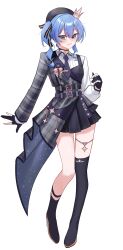  1girl absurdres asymmetrical_footwear asymmetrical_sidelocks belt beret black_boots blue_choker blue_eyes blue_hair blush boots breasts choker chrispy_tuna commentary crown english_commentary full_body gloves hat highres hololive hoshimachi_suisei jacket jewelry looking_at_viewer multiple_belts necktie official_alternate_costume partially_fingerless_gloves plaid_clothes plaid_jacket ribbon shirt side_ponytail sidelocks single_thigh_boot small_breasts smile solo star_(symbol) star_choker star_in_eye starry_sky_print symbol_in_eye thigh_boots thighlet uneven_footwear vest virtual_youtuber white_background white_shirt 