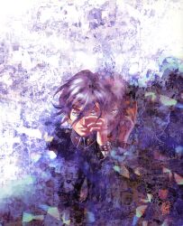  blue_eyes collared_jacket cropped_head dual_persona evil_grin evil_smile grin hand_on_own_face highres jacket kazuma_kaneko looking_at_viewer megami_tensei official_art persona persona_1 purple_hair shadow_(persona) short_hair smile toudou_naoya watch yellow_eyes 