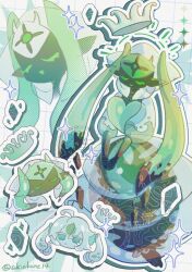  2girls ahoge black_skin chibi chibi_inset closed_eyes colored_eyelashes colored_skin commentary_request crown dress duel_monster floating_crown green_eyes green_theme grid_background highres icejade_aegirine icejade_kosmochlor long_hair mother_and_child mother_and_daughter multiple_girls natanekoko parent_and_child pointy_ears projected_inset see-through_body see-through_clothes see-through_dress see-through_hair star_(symbol) twintails twitter_username yu-gi-oh! 