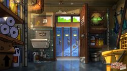  anarchy_symbol bottle box bucket cardboard_box commentary door english_commentary highres indoors industrial_pipe leaking locker mop mop_bucket no_humans official_art paper_towel reflective_floor scenery school sink spray_bottle untitled_hand_game:titled_edition waltjan window 