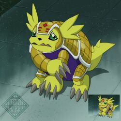  2023 armadimon claws commentary derivative_work digimon digimon_(creature) english_commentary green_eyes looking_at_viewer morgannox no_humans open_mouth reference_inset screenshot_redraw stone_floor tail 