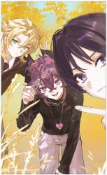  3boys adjusting_eyewear ahoge albedo_(genshin_impact) alternate_costume aqua_eyes artist_name autumn_leaves black_necktie black_shirt blonde_hair blue_sky blunt_ends border braid bright_pupils brown_cardigan cardigan closed_mouth cnorkie collared_shirt commentary_request crossed_bangs day diamond-shaped_pupils diamond_(shape) dragon_boy dragon_horns durin_(genshin_impact) eyeshadow eyewear_on_head fangs feet_out_of_frame fingernails gem genshin_impact glasses grey_pants hair_between_eyes half_up_braid hand_up heart heart-shaped_gem heart_necklace highres horns index_finger_raised jewelry leaf long_sleeves looking_at_viewer makeup male_focus missing_headwear missing_tail missing_wings multiple_boys necklace necktie open_mouth outdoors pants parted_bangs pendant pink-framed_eyewear pink_eyes pink_gem pointing pointing_at_another purple_hair red_eyeshadow scaramouche_(genshin_impact) shirt short_hair sidelocks sky smile standing symbol-shaped_pupils teeth tongue turtleneck turtleneck_shirt violet_eyes weeds white_border white_pants white_pupils white_shirt 