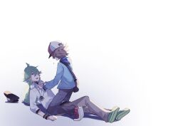  2boys bag black_bag blue_jacket brown_hair collared_shirt commentary_request green_shoes hat hilbert_(pokemon) jacket long_sleeves looking_at_another male_focus multiple_boys n_(pokemon) open_mouth pants pokemon pokemon_black_and_white red_shoes shirt shoes short_hair shoulder_bag unworn_hat unworn_headwear white_shirt yukinoko2200 