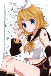  1girl belt black_leg_warmers black_sailor_collar black_shorts black_sleeves blonde_hair blue_eyes bow breasts chiaki1126iove commentary_request detached_sleeves hair_bow hair_ornament hairclip highres kagamine_rin leg_warmers looking_at_viewer midriff navel neckerchief number_tattoo parallel_hairclips sailor_collar shirt short_hair shorts sitting sleeveless sleeveless_shirt small_breasts tattoo treble_clef vocaloid white_background white_bow white_shirt yellow_belt yellow_nails yellow_neckerchief yellow_trim 