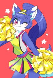  1girl :3 ;3 animal_ear_fluff animal_ears bare_shoulders blue_fur blue_hair blush_stickers cheerleader closed_mouth commentary_request cowboy_shot fox_ears fox_girl fox_tail furry furry_female green_shirt green_skirt highres holding holding_pom_poms long_hair looking_at_viewer miniskirt one_eye_closed original po!_(popoemo) pom_pom_(cheerleading) red_background shirt simple_background skirt sleeveless sleeveless_shirt smile solo star_(symbol) tail violet_eyes 