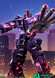  building chest_cannon commentary_request copyright_logo copyright_name copyright_notice finger_cannon gundam gundam_arsenal_base gundam_gquuuuuux kenko_(a143016) logo mecha mecha_focus no_humans official_art psycho_gundam_(gquuuuuux) red_assault_visor robot science_fiction solo v-fin 