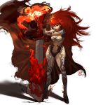  breasts cleavage error fire flames huge_sword huge_weapon mugon no_lineart original red_eyes red_hair redhead sword weapon 