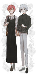  1boy 1girl absurdres bag black_dress black_shirt black_shoes breast_pocket brown_bag collarbone commentary dress floral_background full_body grey_eyes handbag highres jack_jeanne long_dress long_sleeves open_mouth pants pinafore_dress pink_hair pocket shirota_mitsuki shirt shoes short_hair sleeveless sleeveless_dress smile tachibana_kisa white_background white_pants yellow_eyes yumu1059 