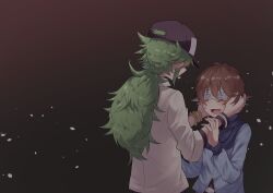  2boys :d bangle black_hat blindfold blue_jacket bracelet brown_background brown_hair collared_shirt commentary_request green_hair hands_on_another's_head hat highres hilbert_(pokemon) jacket jewelry long_hair long_sleeves male_focus multiple_boys n_(pokemon) open_mouth pokemon pokemon_black_and_white ponytail shirt short_hair smile wristband yukinoko2200 