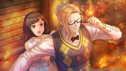  1boy 1girl amamine_mika argyle_clothes black-framed_eyewear blonde_hair bow bowtie camu_einhard desperadrops fire game_asset glasses hairband official_art open_mouth ponytail protecting raised_fist short_ponytail side_ponytail_with_hair_base sweater_vest third-party_source visual_novel_cg 