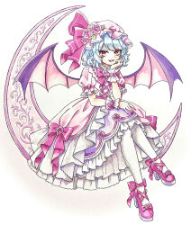  1girl bat_wings blue_hair bow bowtie commentary_request embellished_costume flower frilled_wrist_cuffs frills hat hat_flower hat_ribbon high_heels looking_at_viewer medium_hair miy_001 mob_cap open_mouth pantyhose pink_bow pink_bowtie pink_flower pink_hat pink_rose pink_shirt pink_shoes pink_skirt pink_wrist_cuffs puffy_short_sleeves puffy_sleeves red_eyes remilia_scarlet ribbon rose shirt shoes short_sleeves skirt skirt_bow sleeve_bow smile solo touhou white_pantyhose wings wrist_cuffs 
