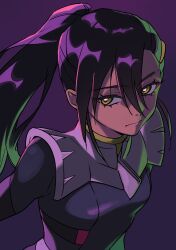  1girl absurdres gundam gundam_gquuuuuux hair_ornament hairclip highres long_hair long_sleeves looking_at_viewer mecha_pilot_suit normal_suit_(gundam) nyaan_(gundam_gquuuuuux) ponytail purple_hair sidechest_atm simple_background solo yellow_eyes zeon 