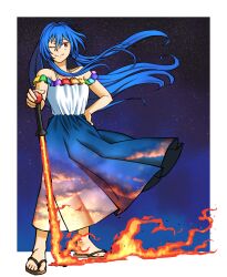  1girl absurdres blue_dress blue_hair bread_master commentary dress english_commentary flip-flops floating_hair full_body highres hinanawi_tenshi long_hair one_eye_closed peach_hat_ornament planted planted_sword red_eyes sandals sky sky_print solo standing star_(sky) starry_sky sword sword_of_hisou touhou two-tone_dress variant_set weapon white_dress 