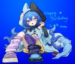  1girl animal_ears asymmetrical_footwear asymmetrical_legwear bandaid_on_hood bare_shoulders black_collar black_hood black_shoes blue_background blue_eyes blue_hair blue_hood blue_jacket blue_nails blue_tongue blush borrowed_character buttons chestnut_mouth chinese_commentary claw_pose collar colored_tongue commentary_request dress fake_animal_ears fangs full_body gift_art glitch hair_between_eyes happy_birthday heart highres hood jacket knees_up long_hair long_sleeves looking_at_viewer miyayoki nail_polish original purple_dress purple_socks sandals shoes single_claw_pose single_loose_sock single_thighhigh sitting skin_fangs sleeves_past_wrists socks solo split-color_clothes star_(symbol) thigh-highs two-tone_dress very_long_hair white_shoes yellow_dress 