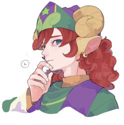  1boy animal_ears blue_eyes closed_mouth commentary_request cropped_shoulders curled_horns curly_hair earrings green_hat green_shirt hamal_(puyopuyo) hand_on_own_chin hand_up hat horizontal_pupils horns jewelry looking_at_viewer male_focus medium_hair purple_hat puyopuyo puyopuyo_quest red_hair sheep_boy sheep_ears sheep_horns shirt sideways_glance simple_background solo speech_bubble stroking_own_chin two-tone_hat urolo white_background 