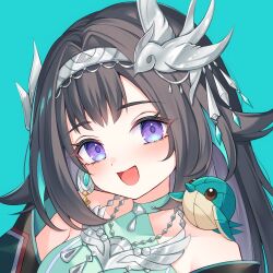  1girl :d animal_on_shoulder aqua_background bare_shoulders bird bird_hair_ornament bird_on_shoulder black_hair blush collarbone commentary_request earrings genshin_impact hair_intakes hair_ornament head_tilt jewelry lan_yan_(genshin_impact) long_hair looking_at_viewer portrait sanasanayukikuni sidelocks silver_hairband simple_background single_earring smile solo violet_eyes 
