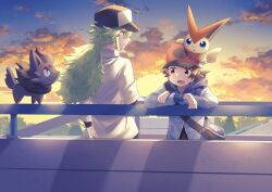  2boys :d against_fence bag black_hat blue_jacket brown_eyes brown_hair clouds collared_shirt commentary_request fence green_hair hat hilbert_(pokemon) jacket long_hair long_sleeves male_focus multiple_boys n_(pokemon) on_head open_mouth outdoors pokemon pokemon_(creature) pokemon_black_and_white pokemon_on_head shirt short_hair shoulder_bag sky smile twilight victini white_shirt yukinoko2200 zorua 