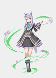  1girl absurdres animal_ears aqua_bow aqua_socks black_jacket black_skirt blush bow bowtie closed_mouth coat ear_bow ear_ribbon frilled_coat frilled_jacket frills full_body highres horse_ears horse_girl horse_tail jacket long_hair long_sleeves looking_at_viewer mejiro_mcqueen_(frontline_elegance)_(umamusume) mejiro_mcqueen_(umamusume) nwtr_(nwtr_heart) pleated_skirt purple_hair shirt skirt smile socks solo striped_clothes striped_shirt tail umamusume violet_eyes 